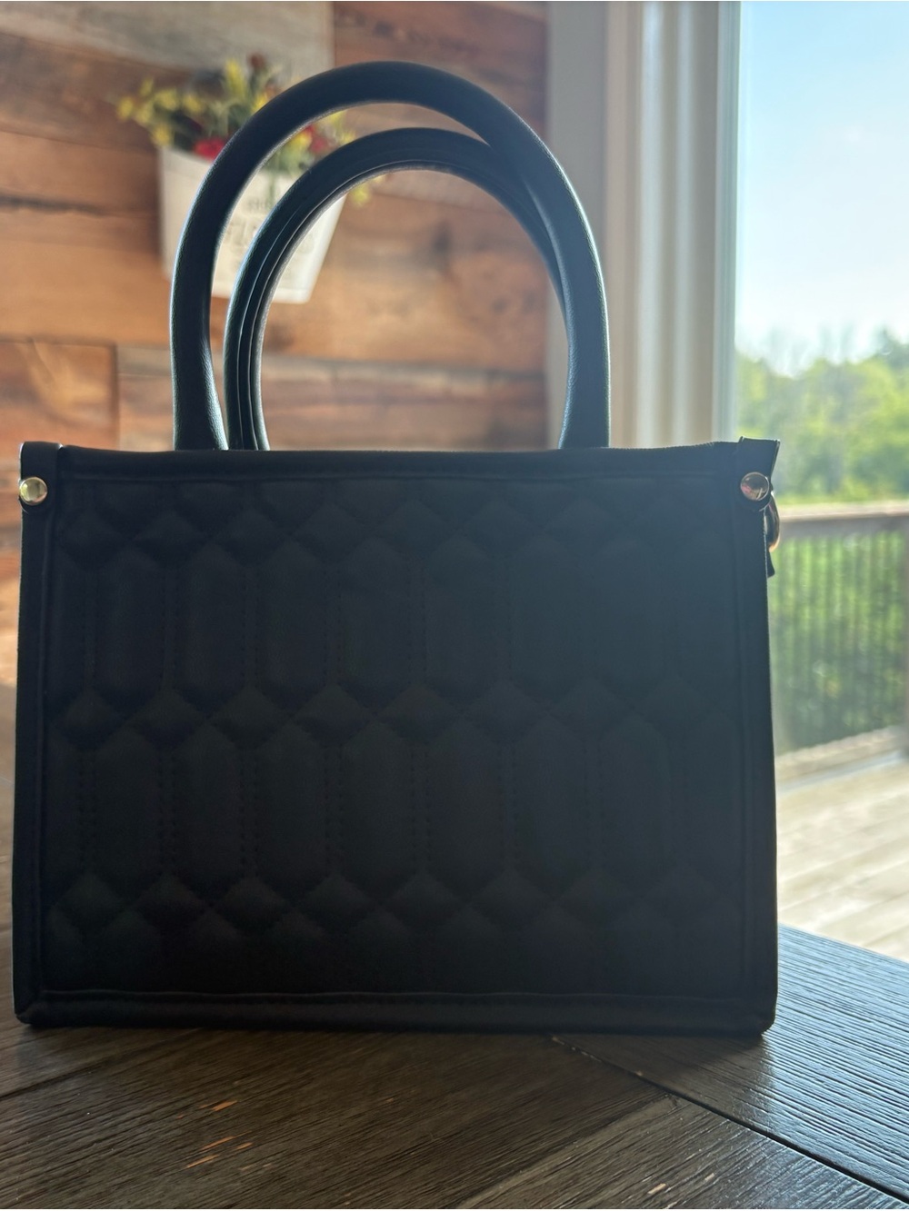 Steve Madden Black Quilted Top-Handle Satchel with Gold Logo - Picture 3 of 9